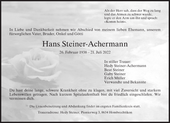 Traueranzeige von Hans Steiner-Achermann von AvU