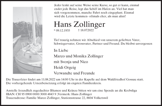 Traueranzeige von Hans Zollinger von AvU