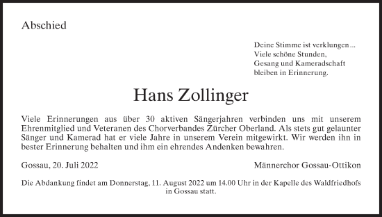 Traueranzeige von Hans Zollinger von AvU