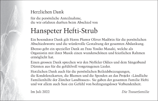 Traueranzeige von Hanspeter Hefti-Strub von AvU