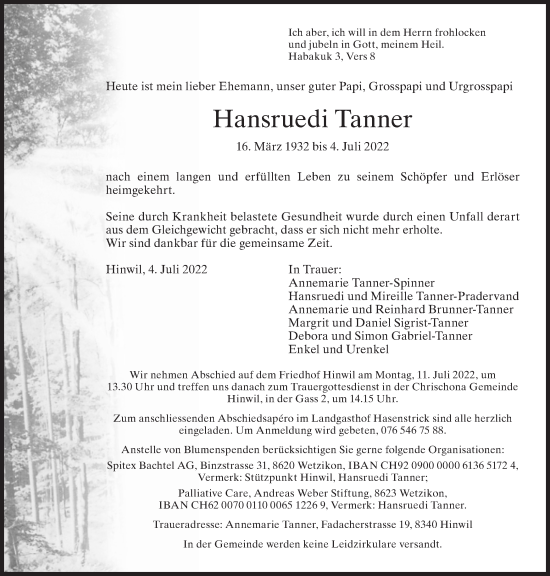 Traueranzeige von Hansruedi Tanner von AvU