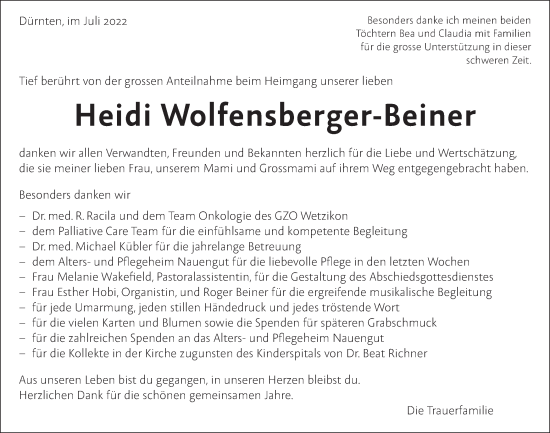 Traueranzeige von Heidi Wolfensberger-Beiner von AvU