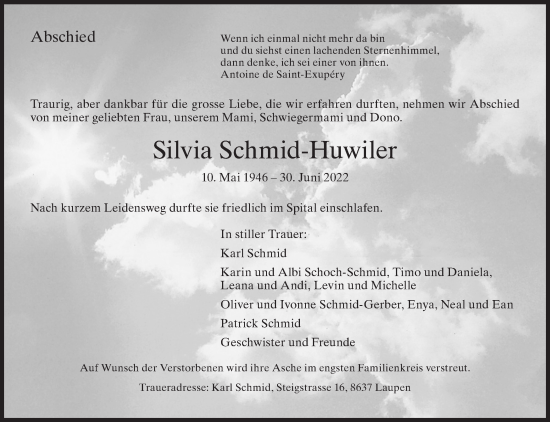 Traueranzeige von Silvia Schmid-Huwiler von AvU