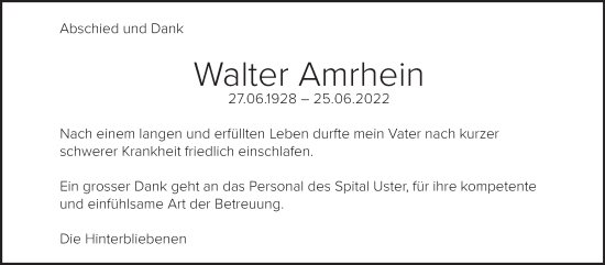 Traueranzeige von Walter Amrhein von AvU