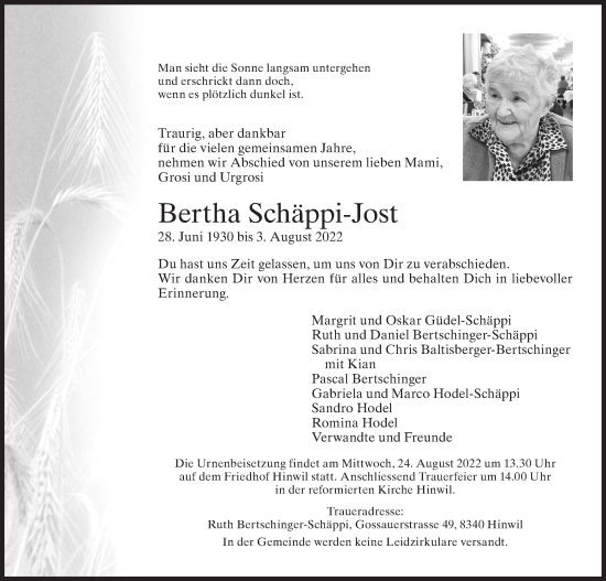 Traueranzeige von Bertha Schäppi-Jost von AvU