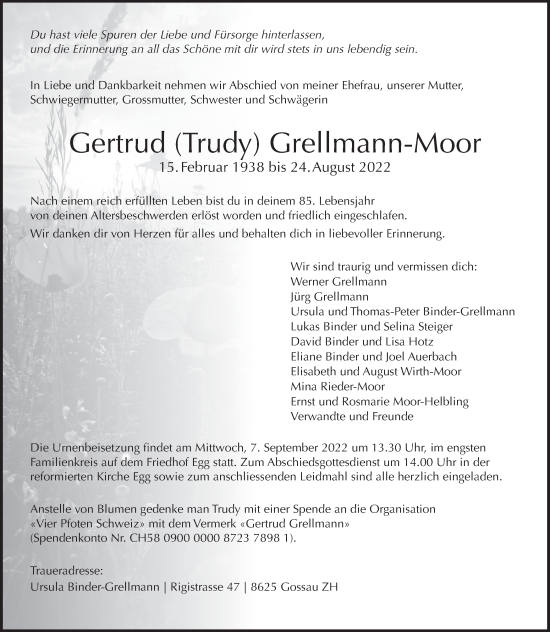 Traueranzeige von Gertrud Grellmann-Moor von AvU