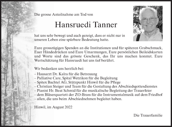 Traueranzeige von Hansruedi Tanner von AvU