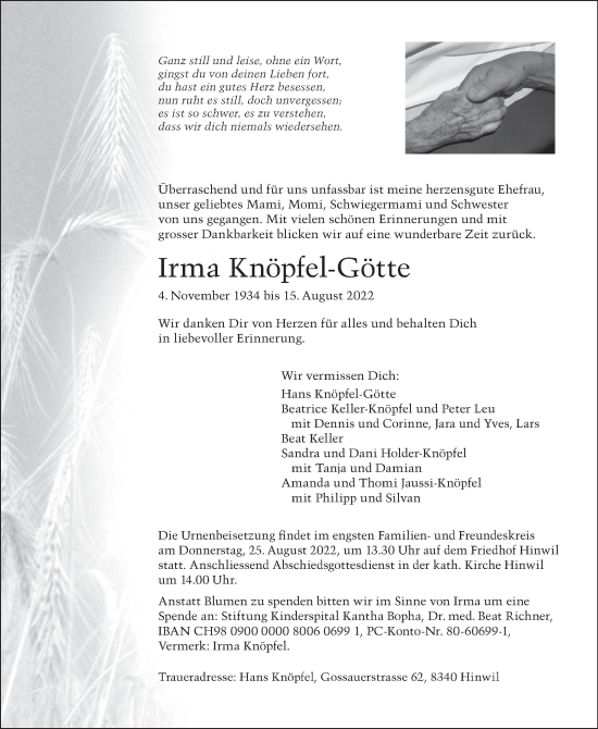 Traueranzeige von Irma Knöpfel-Götte von AvU