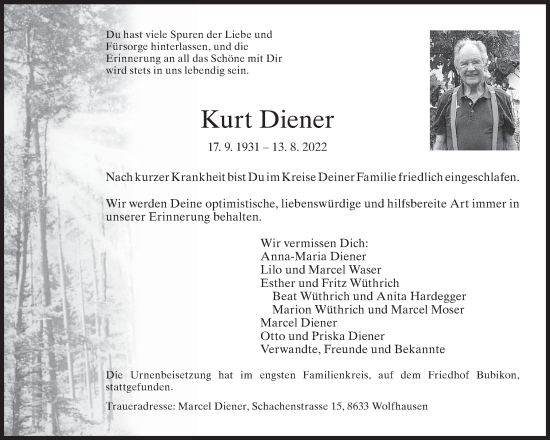 Traueranzeige von Kurt Diener von AvU