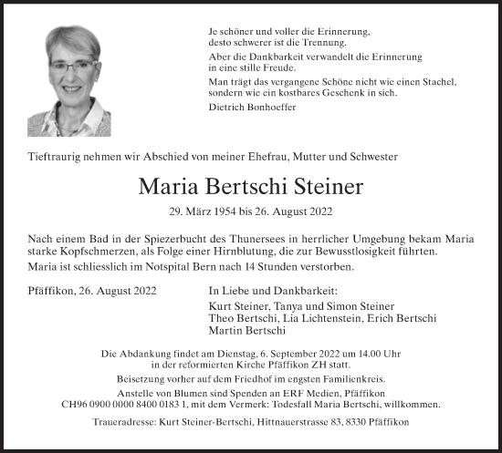 Traueranzeige von Maria Bertschi Steiner von AvU