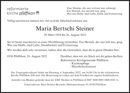 Traueranzeige von Maria Bertschi Steiner von AvU