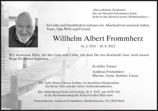 Traueranzeige von Willhelm Albert Frommherz von AvU