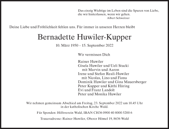 Traueranzeige von Bernadette Huwiler-Kupper von AvU