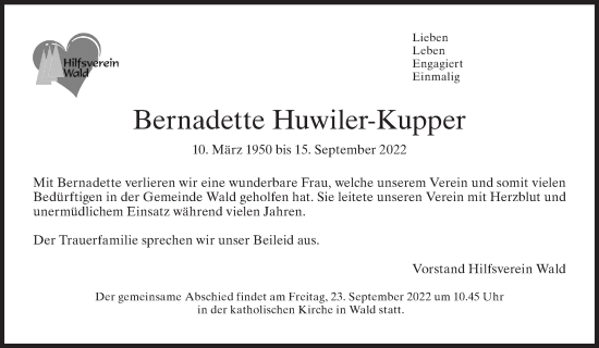 Traueranzeige von Bernadette Huwiler-Kupper von AvU