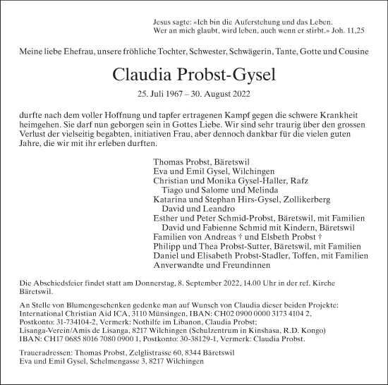 Traueranzeige von Claudia Probst-Gysel von AvU