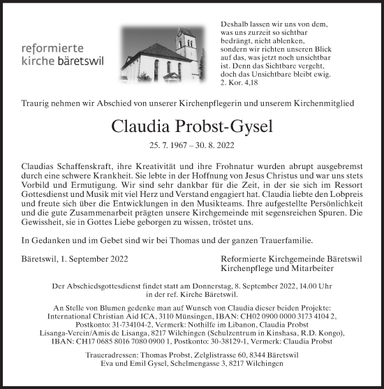 Traueranzeige von Claudia Probst-Gysel von AvU