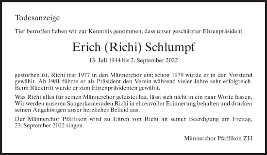 Traueranzeige von Erich Schlumpf von AvU