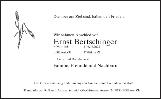 Traueranzeige von Ernst Bertschinger von AvU