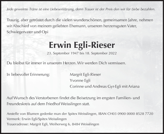 Traueranzeige von Erwin Egli-Rieser von AvU