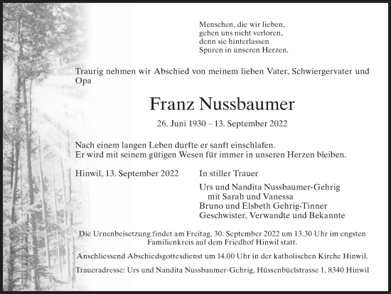 Traueranzeige von Franz Nussbaumer von AvU