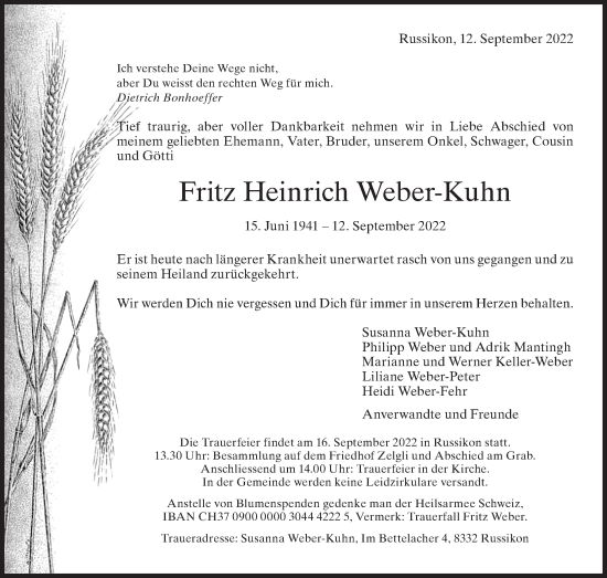 Traueranzeige von Fritz Heinrich Weber-Kuhn von AvU