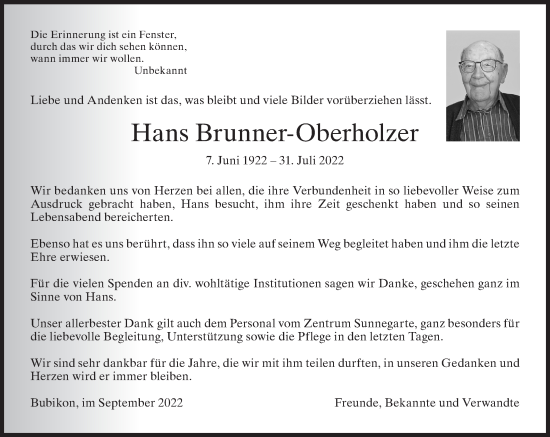 Traueranzeige von Hans Brunner-Oberholzer von AvU