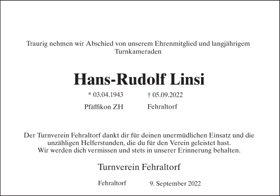 Traueranzeige von Hans-Rudolf Linsi von reg_5