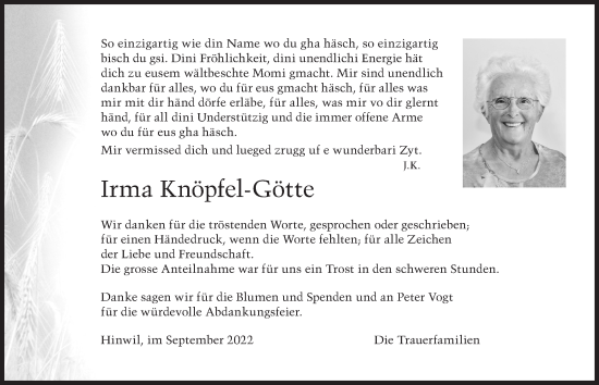 Traueranzeige von Irma Knöpfel-Götte von AvU