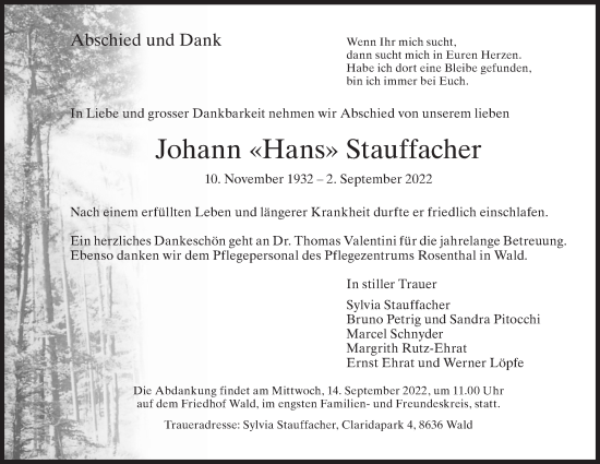 Traueranzeige von Johann Stauffacher von AvU