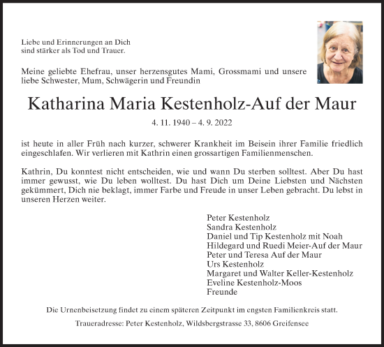 Traueranzeige von Katharina Maria Kestenholz-Auf der Maur von AvU