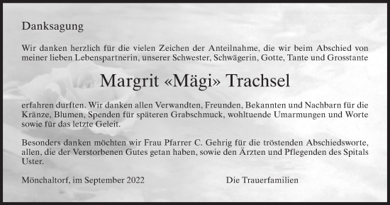 Traueranzeige von Margrit Trachsel von AvU