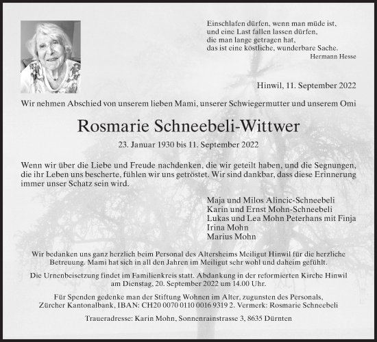 Traueranzeige von Rosmarie Schneebeli-Wittwer von AvU