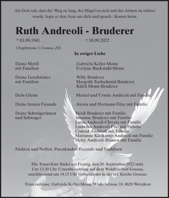 Traueranzeige von Ruth  Andreoli-Bruderer von AvU