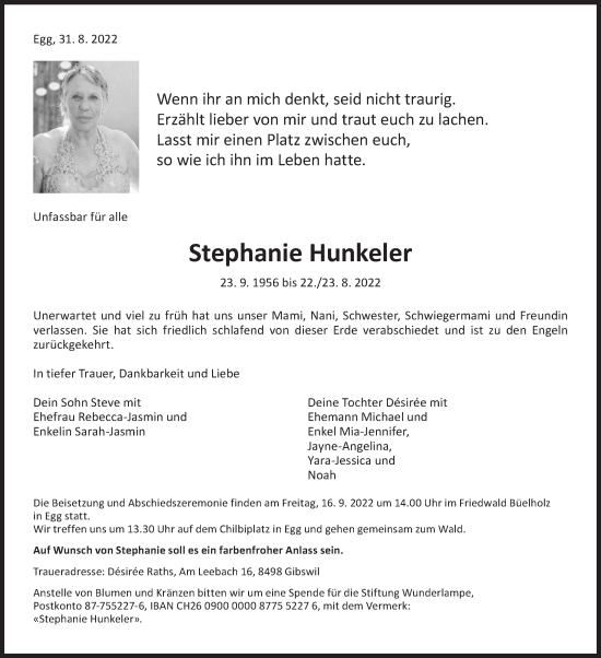 Traueranzeige von Stephanie Hunkeler von AvU