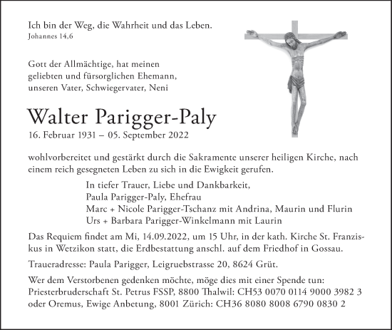 Traueranzeige von Walter Parigger-Paly von AvU