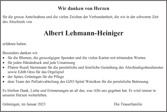 Traueranzeige von Albert Lehmann-Heiniger von AvU