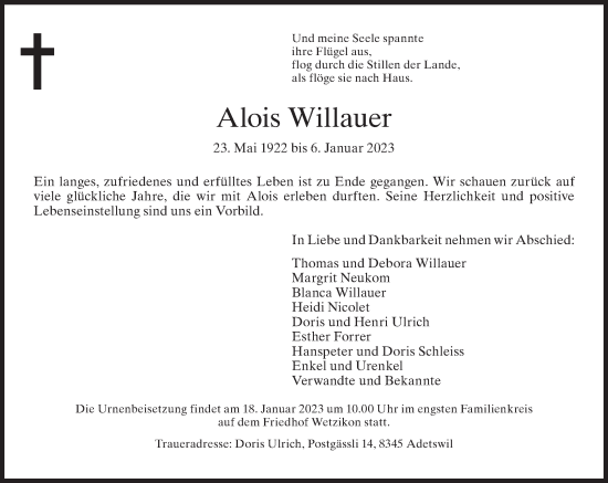 Traueranzeige von Alois Willauer von AvU