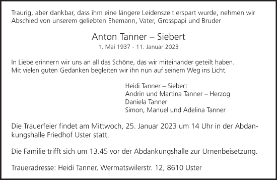 Traueranzeige von Anton Tanner–Siebert von AvU