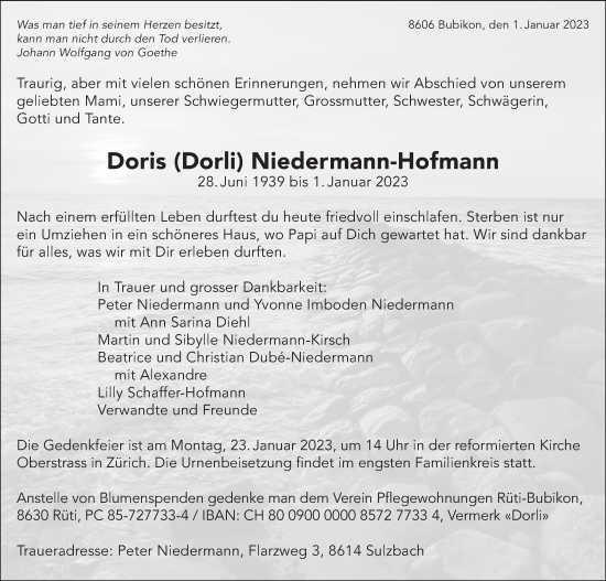 Traueranzeige von Doris  Niedermann-Hofmann von AvU