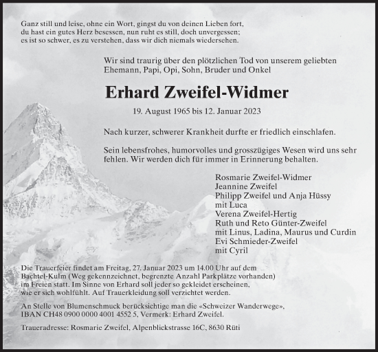 Traueranzeige von Erhard Zweifel-Widmer von ZO solo