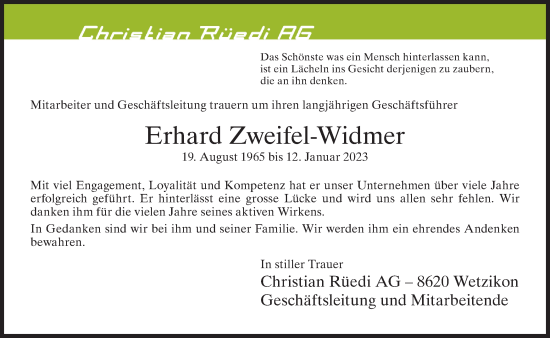 Traueranzeige von Erhard Zweifel-Widmer von ZO solo