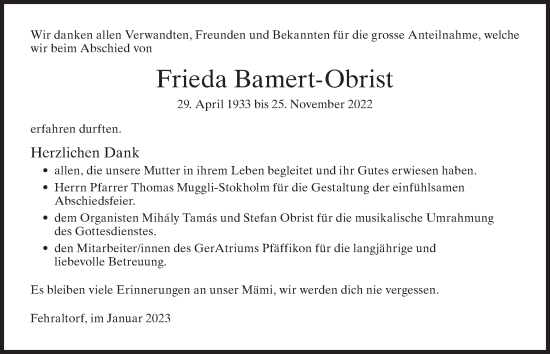 Traueranzeige von Frieda Bamert-Obrist von AvU