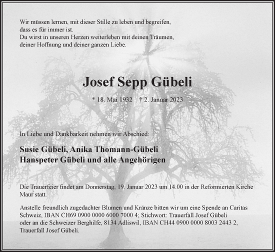 Traueranzeige von Josef Sepp Gübeli von AvU