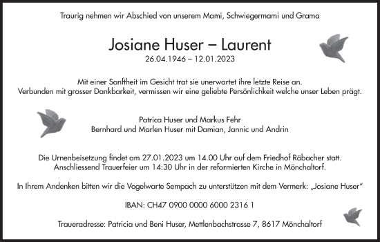 Traueranzeige von Josiane Huser-Laurent von AvU