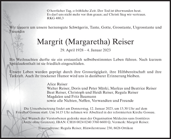 Traueranzeige von Margrit Reiser von AvU