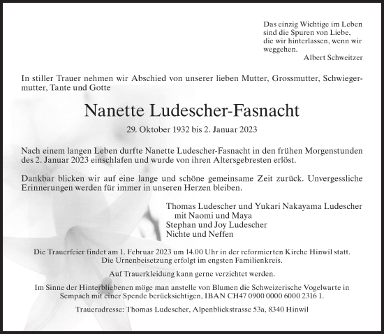 Traueranzeige von Nanette Ludescher-Fasnacht von AvU