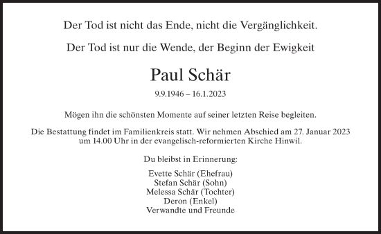 Traueranzeige von Paul Schär von AvU