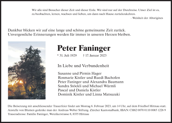 Traueranzeige von Peter Faninger von AvU