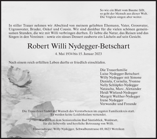 Traueranzeige von Robert Willi Nydegger-Betschart von AvU