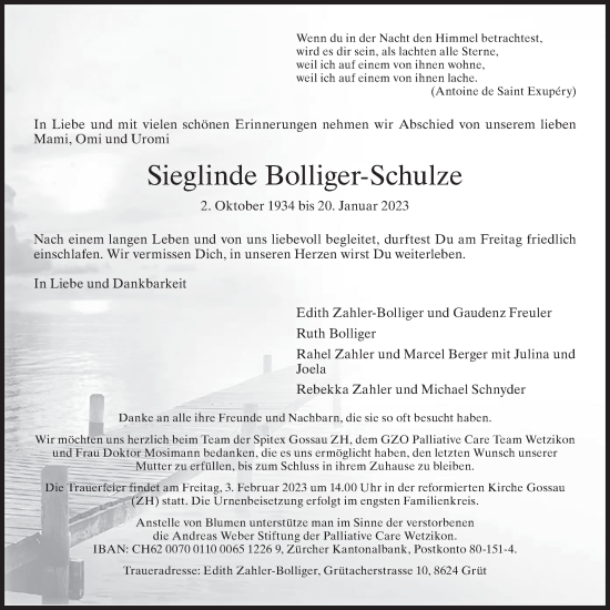 Traueranzeige von Sieglinde Bolliger-Schulze von AvU